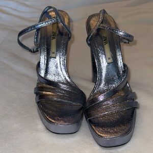 Zara Metallic Silver Strappy Heels